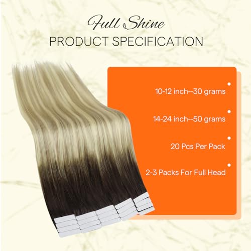 Full Shine 14 Inch Tape in Extensions Human Hair Color 2 Fading to 18 Ash Blonde Highlight 60 Invisible Remy 20PCS 50g for Party - Image 5