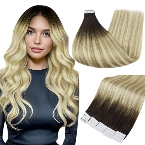 Full Shine 14 Inch Tape in Extensions Human Hair Color 2 Fading to 18 Ash Blonde Highlight 60 Invisible Remy 20PCS 50g for Party - Image 3
