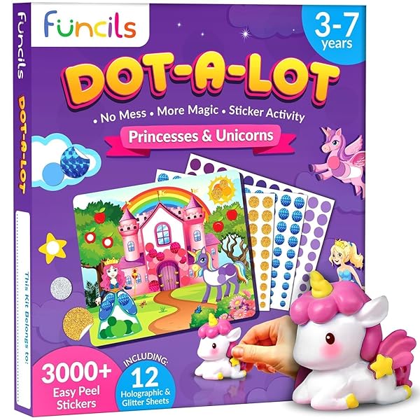 Funcils Dot Art Activity Unicorn and Princess Sticker Kit Toddler Art Supplies Birthday Gifts for Kids Ages 3 to 7 Travel Toys