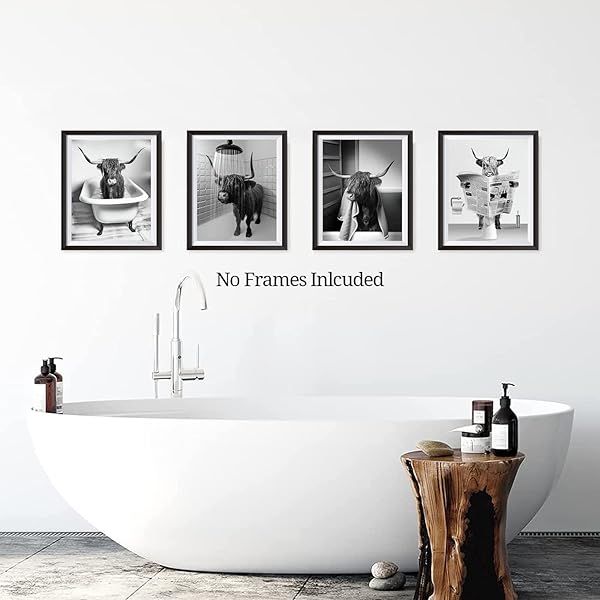 Funny Highland Cow Bathroom Wall Art Prints Vintage Black and White Rustic Style Cute Canvas Art for Farmhouse Bathroom Decor 4-Set - Image 4