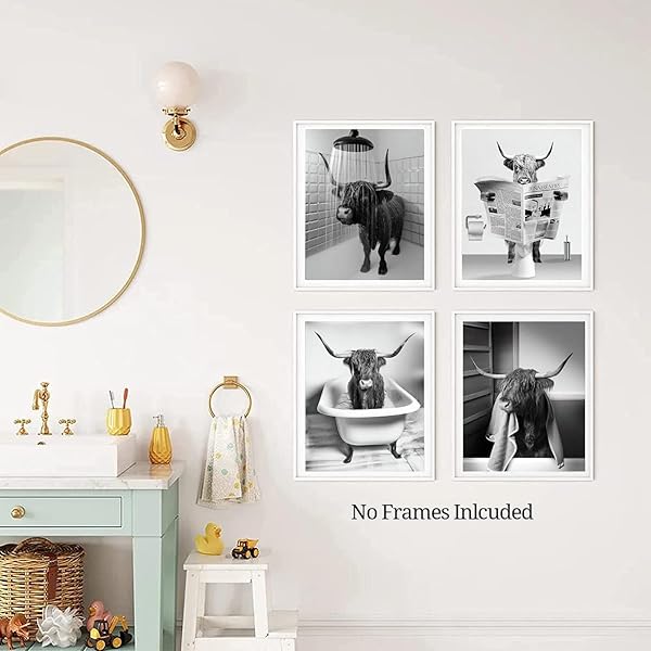 Funny Highland Cow Bathroom Wall Art Prints Vintage Black and White Rustic Style Cute Canvas Art for Farmhouse Bathroom Decor 4-Set - Image 5