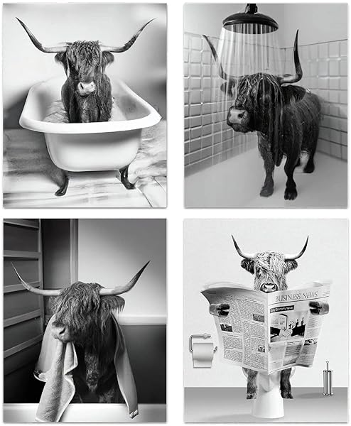 Funny Highland Cow Bathroom Wall Art Prints Vintage Black and White Rustic Style Cute Canvas Art for Farmhouse Bathroom Decor 4-Set