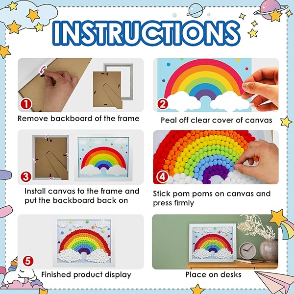Funto Rainbow Painting Art Kit with 1100 Pom Poms Canvas and Sturdy Frame for Kids Home Decor and Artistic Crafts - Image 6