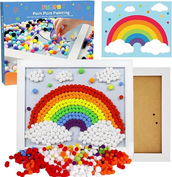Funto Rainbow Painting Art Kit with 1100 Pom Poms Canvas and Sturdy Frame for Kids Home Decor and Artistic Crafts - Image 2