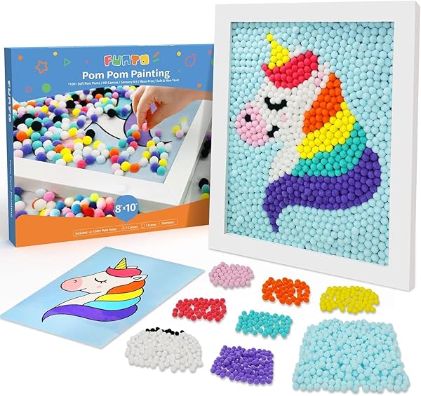 Funto Unicorn Pom Pom Painting Art Kit with 1100 Pom Poms Canvas and Frame for Kids Home Decor and Crafts - Image 2