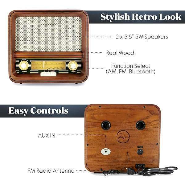 Fuse RAD-V1 Vintage Wood Retro Radio: Bluetooth AM/FM Speaker in Mid Century Modern Design - Image 7