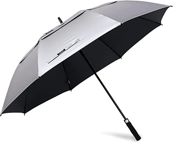 G4Free 47 Inch UV Protection Golf Umbrella Auto Open Vented Double Canopy Oversize Extra Large Windproof Sun Rain Umbrellas (Silver Black)