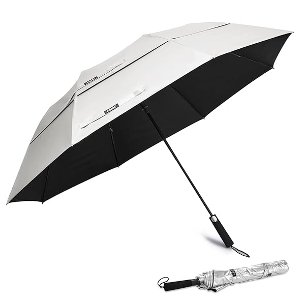 G4Free 62 Inch Portable Golf Umbrella with UV Protection Automatic Open Double Canopy Windproof Oversize Sports Umbrella Silver Black - Image 2