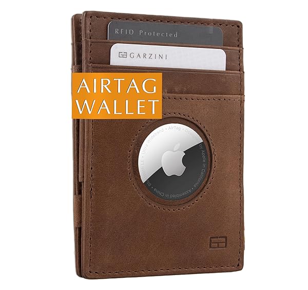 Garzini Magic AirTag Wallet for Men Minimalist RFID Leather Wallet Holds 10 Cards Brushed Brown