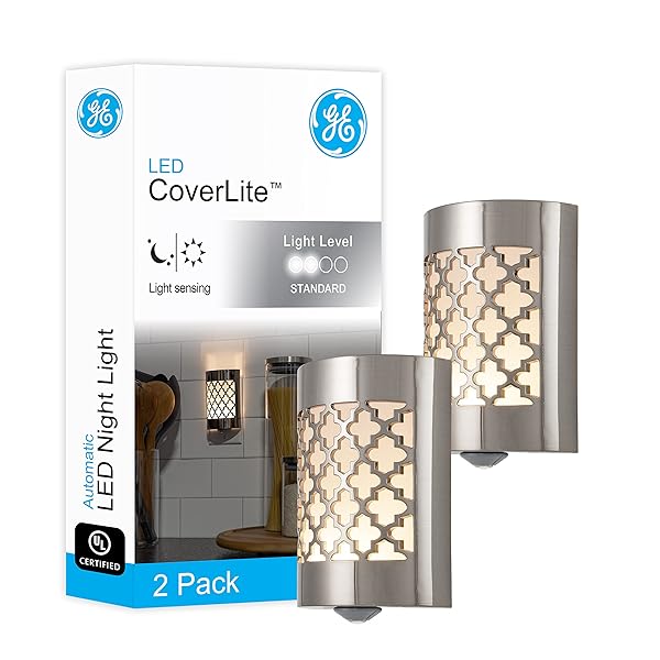 GE CoverLite LED Night Light 2-Pack with Dusk to Dawn Sensor - Stylish Brushed Nickel for Bedroom, Bathroom & Hallway Decor - Image 2
