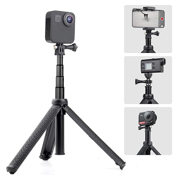 GEPULY 28'' Aluminum Extendable Tripod Selfie Stick for GoPro & Phones - 3-in-1 Hand Grip, Monopod, Tripod Stand