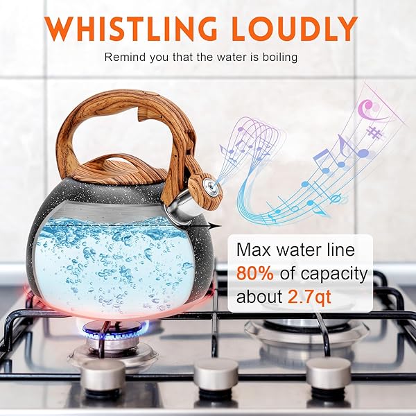 GGC Tea Kettle Loud Whistling 3.1 Quart Heavy Stainless Steel Starry Black with Wood Handle for Boiling Water Coffee or Milk - Image 6