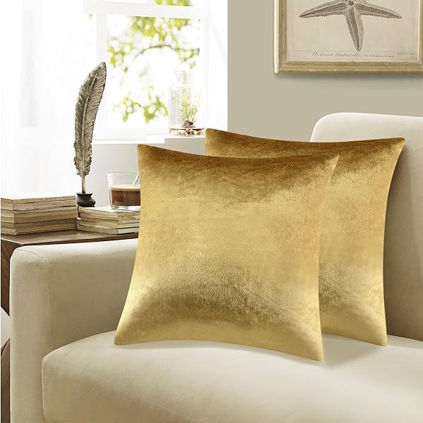 GIGIZAZA GIGIZAZA 16x16 Velvet Throw Pillow Covers - Set of 2 Gold Boho Cushions for Couch & Sofa