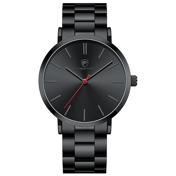 GOLDEN HOUR Men's Slim Minimalist Black Stainless Steel Quartz Watch with Red Hand for Stylish Runway Look