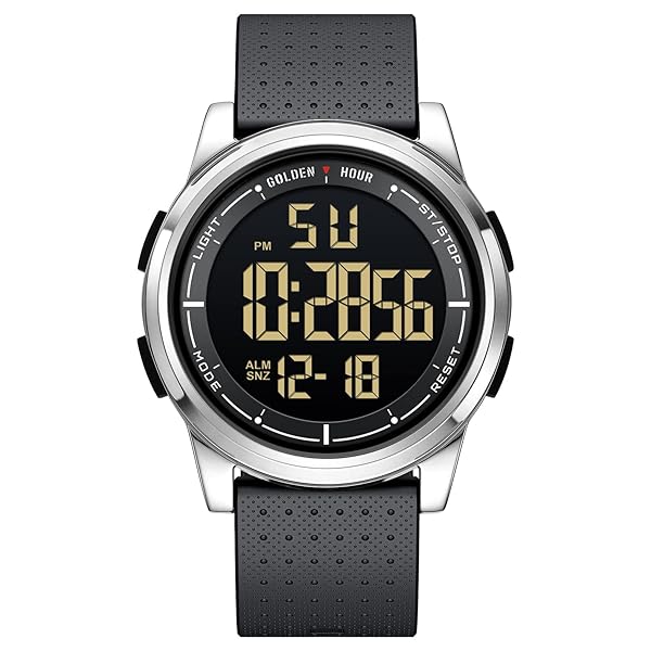 GOLDEN HOUR Ultra Thin Minimalist Sports Waterproof Digital Watch for Men and Women with Wide Angle Display Rubber Strap Silver Case