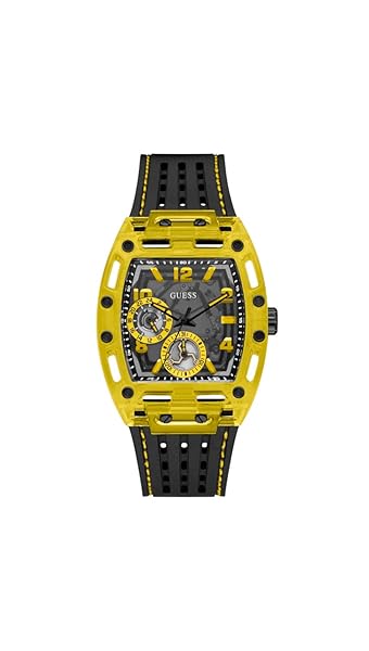 GUESS Men's 44mm Watch Black Strap Black Dial Yellow Case Stylish Timepiece for Everyday Wear