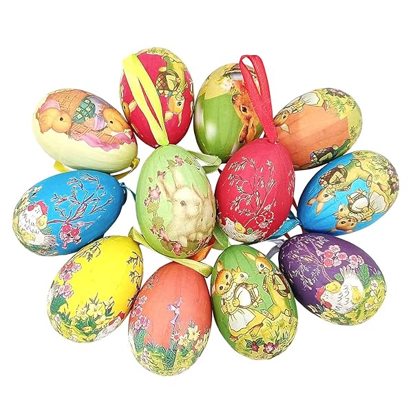 Gardeningwill 12pcs Vintage Paper Mache Foam Egg Ornaments for Easter - Charming Hanging Decorations