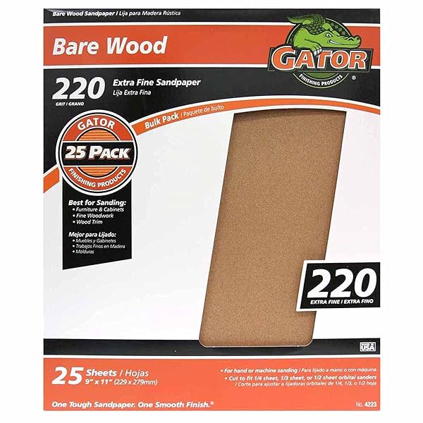 "Buy Gator 9x11" 220 Grit Bare Wood Sanding Sheets - 25 Pack for Smooth Finishes"