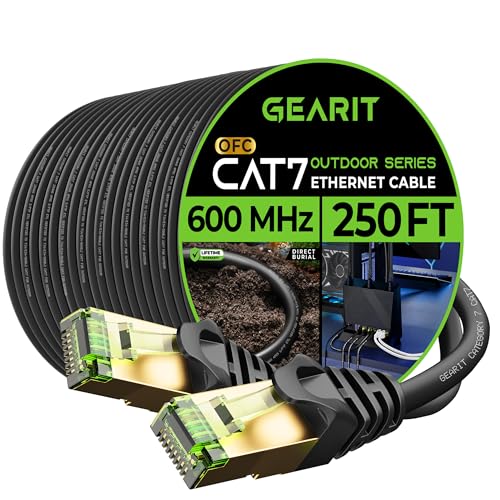 GearIT Cat7 Outdoor Ethernet Cable 250ft SFTP Shielded Pure Copper Waterproof Direct Burial UV Resistant for High Speed Network Connection