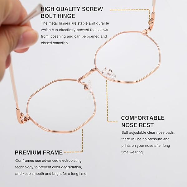 Gleyemor Blue Light Glasses Vintage Octagonal Metal Frame for Women and Men in Rose Gold Ideal for Computer Use - Image 7