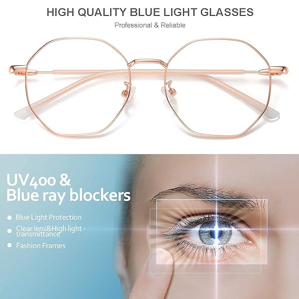 Gleyemor Blue Light Glasses Vintage Octagonal Metal Frame for Women and Men in Rose Gold Ideal for Computer Use - Image 8