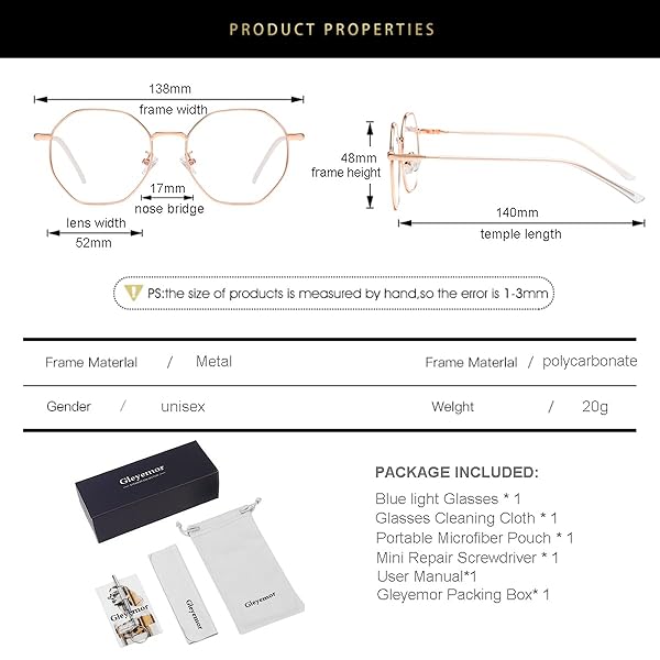 Gleyemor Blue Light Glasses Vintage Octagonal Metal Frame for Women and Men in Rose Gold Ideal for Computer Use - Image 9