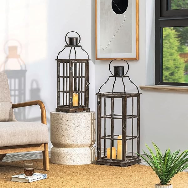 Glitzhome Farmhouse Oversized Black Lanterns Set of 2 - Decorative Hanging Candle Holders (No Glass) - Image 3