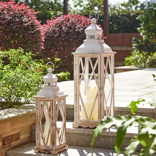 Glitzhome Farmhouse Wood & Metal Lanterns - Set of 2 Decorative Hanging Candle Holders (No Glass)