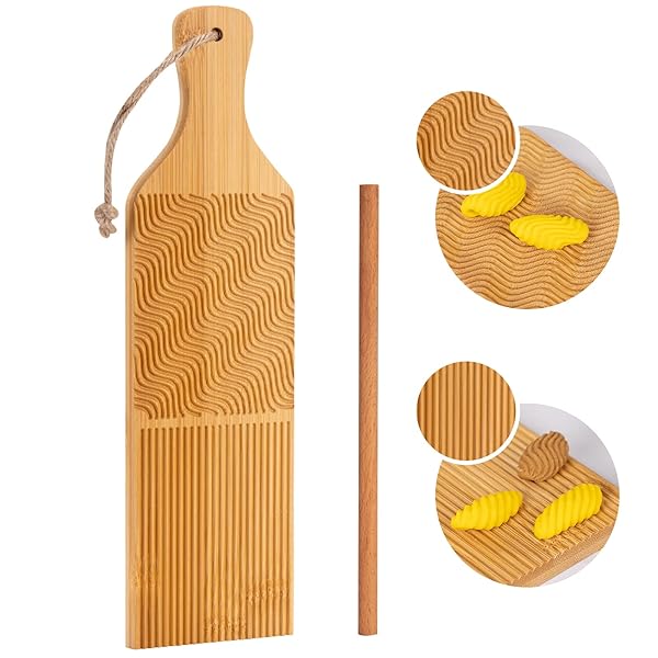Handcrafted Gnocchi Board & Paddle Set - Bamboo Pasta Maker with Ridges for Perfect Gnocchi & Cavatelli