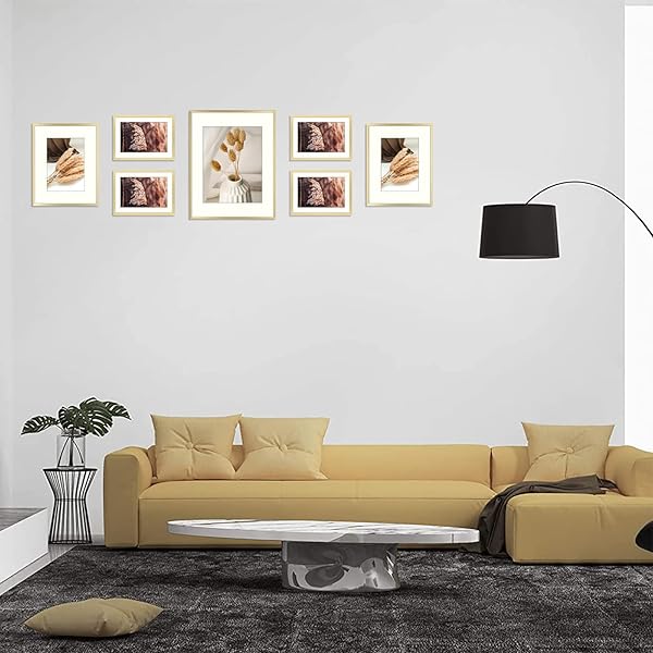 Golden State Art Set of 7 Aluminum Photo Frames with Ivory Mat & Real Glass - Elegant Gold Metal Wall Collection - Image 3