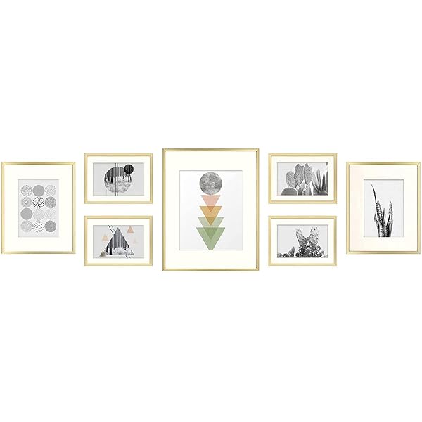 Golden State Art Set of 7 Aluminum Photo Frames with Ivory Mat & Real Glass - Elegant Gold Metal Wall Collection - Image 2