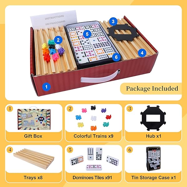 Gonoelec Double 12 Mexican Train Dominoes Set with Wooden Trays and Color Dot Tiles Classic Family Board Game Gift for Kids and Adults - Image 7