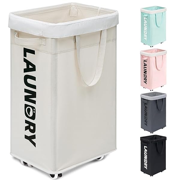 Goodpick 75L Laundry Hamper with Wheels and Removable Wash Bag Large Clothes Basket for Bedroom White
