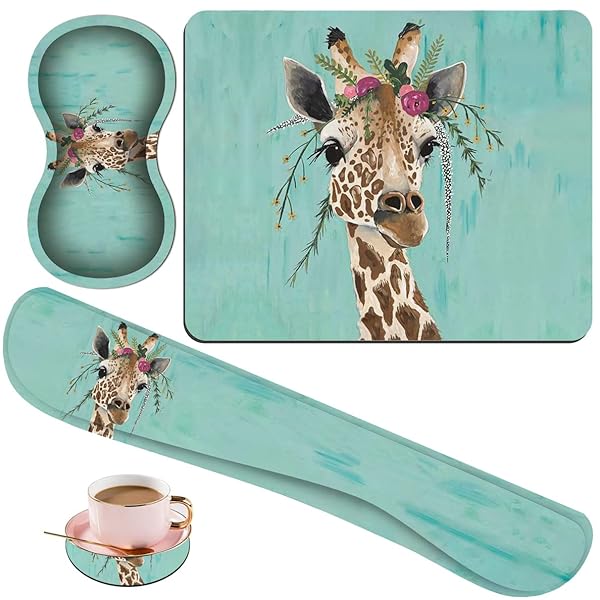 Ergonomic 4-Piece Gorzzt Keyboard & Mouse Pad Set: Green Rustic Wood & Giraffe Design for Gaming & Office Comfort - Image 2