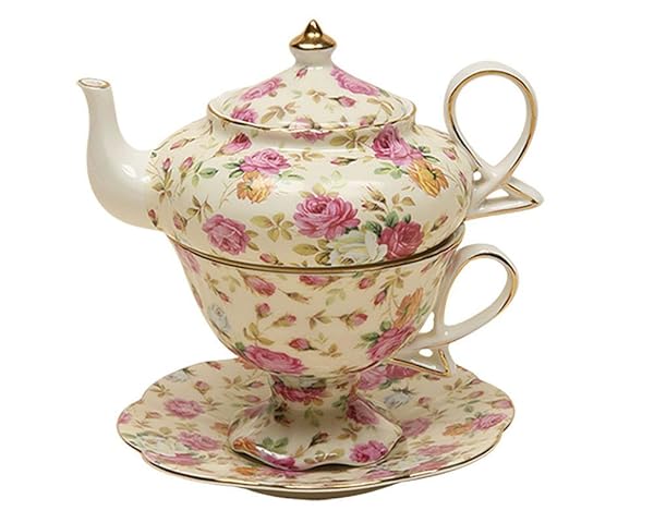 Gracie China 4-Piece Tea Set: Porcelain Stacked Teapot & Cup with Cream Cottage Rose Chintz Design