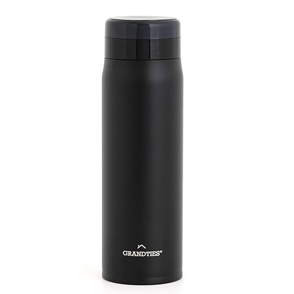 GrandTies Lightweight Travel Water Bottle with Strainer- 20oz Vacuum Insulated Water Bottles for Men & Women, Double Walled Metal Canteen, Keep Your Favorite Beverages Hot or Cold (Black)