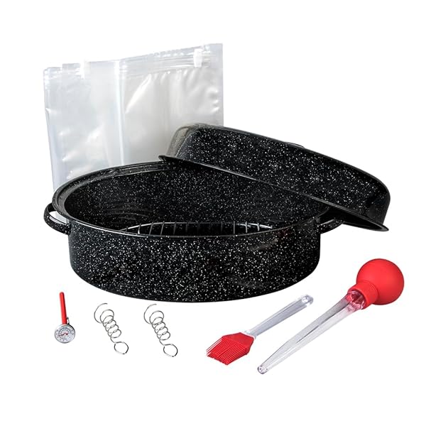 Granite Ware 19 Inch Oval Roaster Set 10 Pieces with Lid Rack Brining Bags Meat Thermometer Turkey Baster and Brush