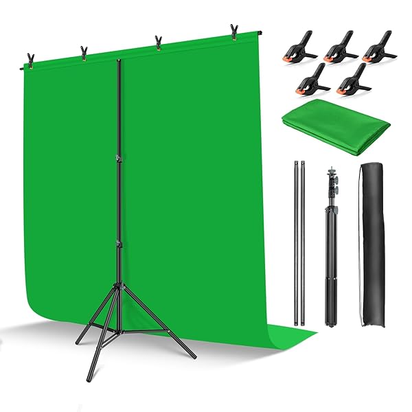 HEMMOTOP 5x6.5 ft Green Screen Stand Kit for Streaming & Gaming - Portable Backdrop with Clips & Carrying Bag