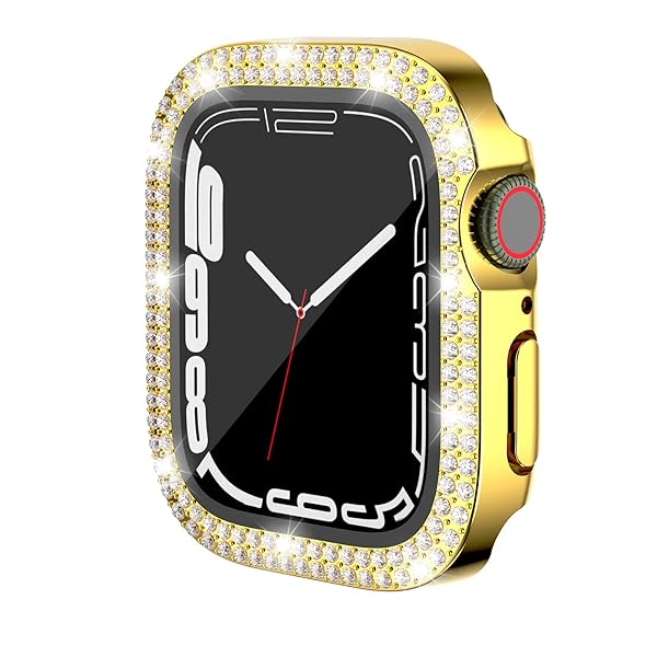 HANKN Bling Case for Apple Watch Series 9 8 7 41mm Tempered Glass Screen Protector Case, Hard PC Shockproof Sparkling Crystal Diamond Rhinestone