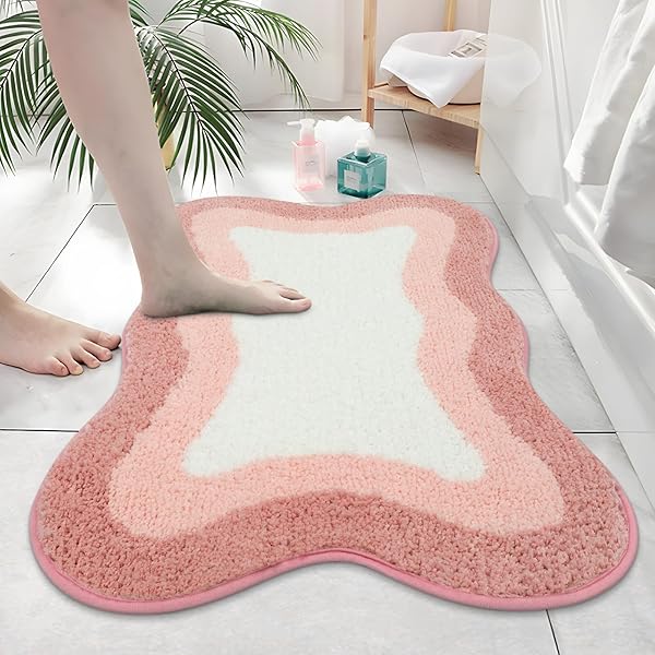 HAOCOO Pink Bathroom Rugs Non Slip 20X31 inch, Ultra Soft Absorbent Irregular Shape Bath Rug, Microfiber Washable Non-Slip Bathmat Boho Decor for