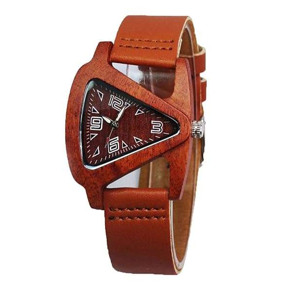 HJIAN Stylish HJIAN Triangle Red Wood Watch for Women - Leather Band Quartz Bracelet Timepiece
