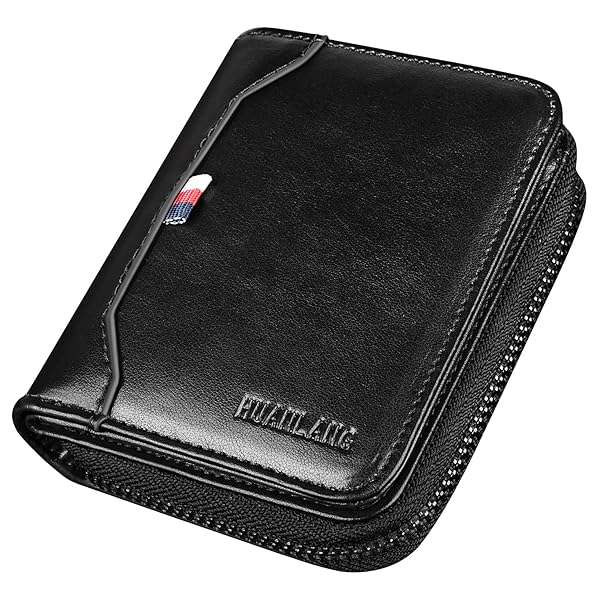 HUANLANG Men's RFID Blocking Bifold Wallet - Compact Leather Multi Card Holder with Zipper