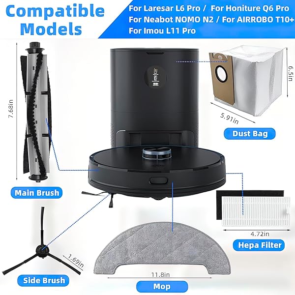HUIZHEN Replacement Parts Kit for HONITURE Q6 Pro, for Laresar L6 Pro, for AIRROBO T10+, for Neabot N2 Robot Vacuum Accessories,2 Main Brush, 4 Side - Image 8
