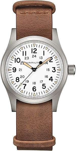 Buy Hamilton Khaki Field Mechanical Watch - 38mm Swiss Made, White Dial, Brown Leather NATO Strap (Model H69439511)