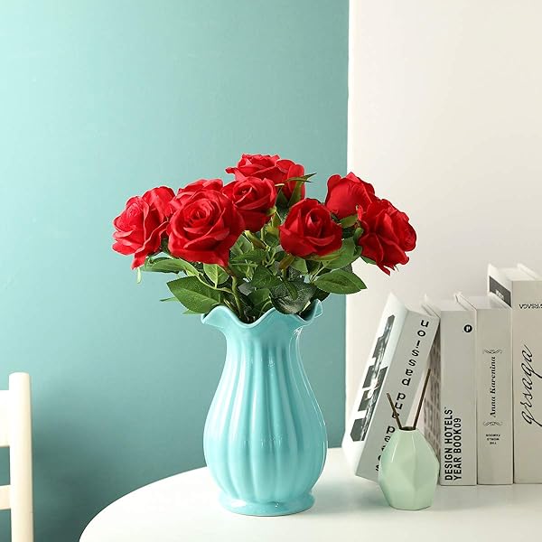 12PCS Realistic Silk Roses Bouquet - Long Stem Artificial Flowers for Home & Wedding Decor - A-Red - Image 5