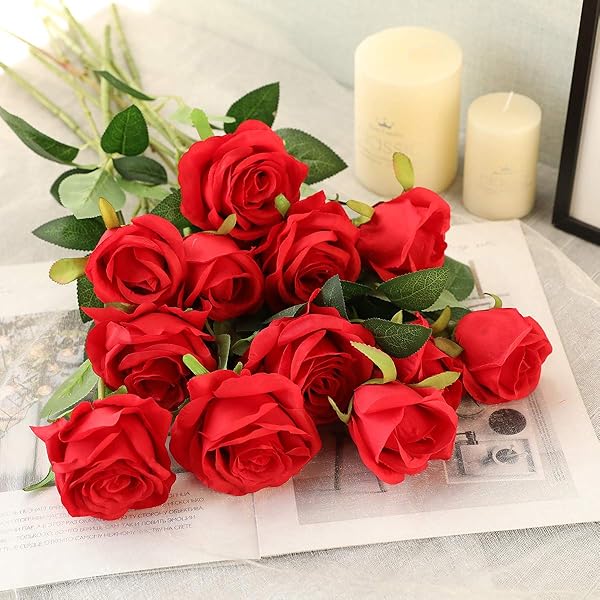 12PCS Realistic Silk Roses Bouquet - Long Stem Artificial Flowers for Home & Wedding Decor - A-Red - Image 7