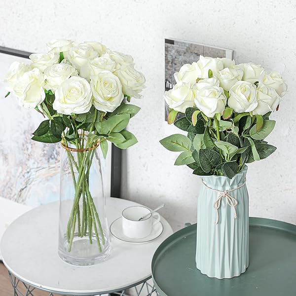 12PCS Realistic White Silk Roses Bouquet - Perfect for Home, Wedding & Party Decor - Image 4