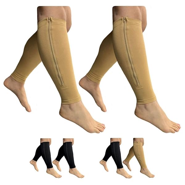 HealthyNees 15-20 mmHg Compression Calf Sleeves - 2 Pairs, Footless Zipper Design, Beige Combo, 2X-Large for Ultimate Comfort