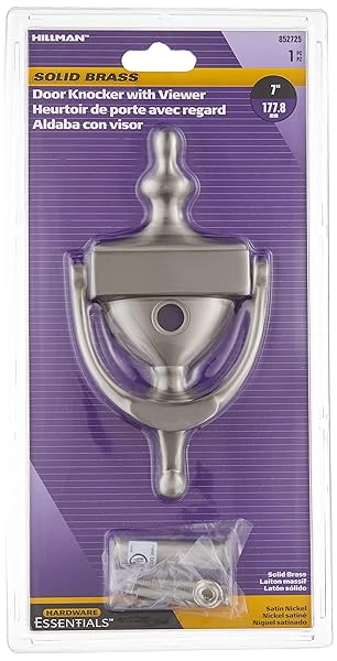 The Hillman Group 7 Inch Door Knocker with 160 Degree Viewer Solid Brass Satin Nickel Finish 1 Pack