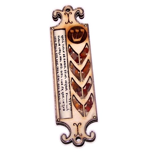 Shop Holy Land Gifts: Mezuzah Wood with Semi Precious Stones - Unique Shin Design